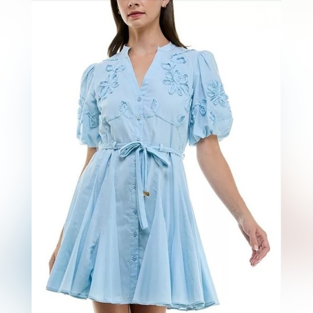 Light Blue Embroidered Puff-Sleeve Dress With Waist Tie